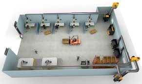 3D workshop layout with welding fume extraction arms